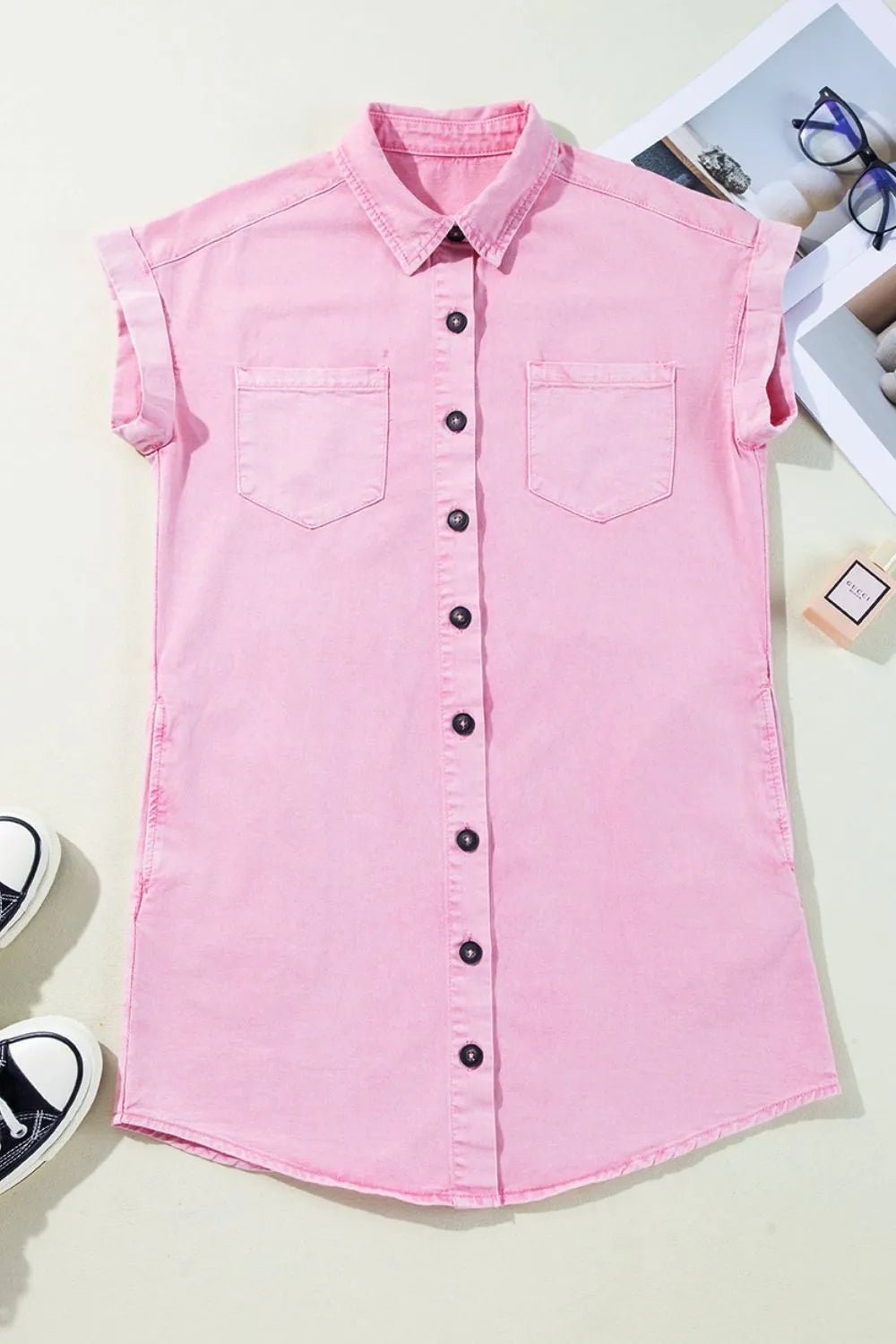 Button Down Short Sleeve Denim Dress - adritiX