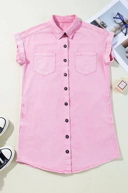 Button Down Short Sleeve Denim Dress - adritiX