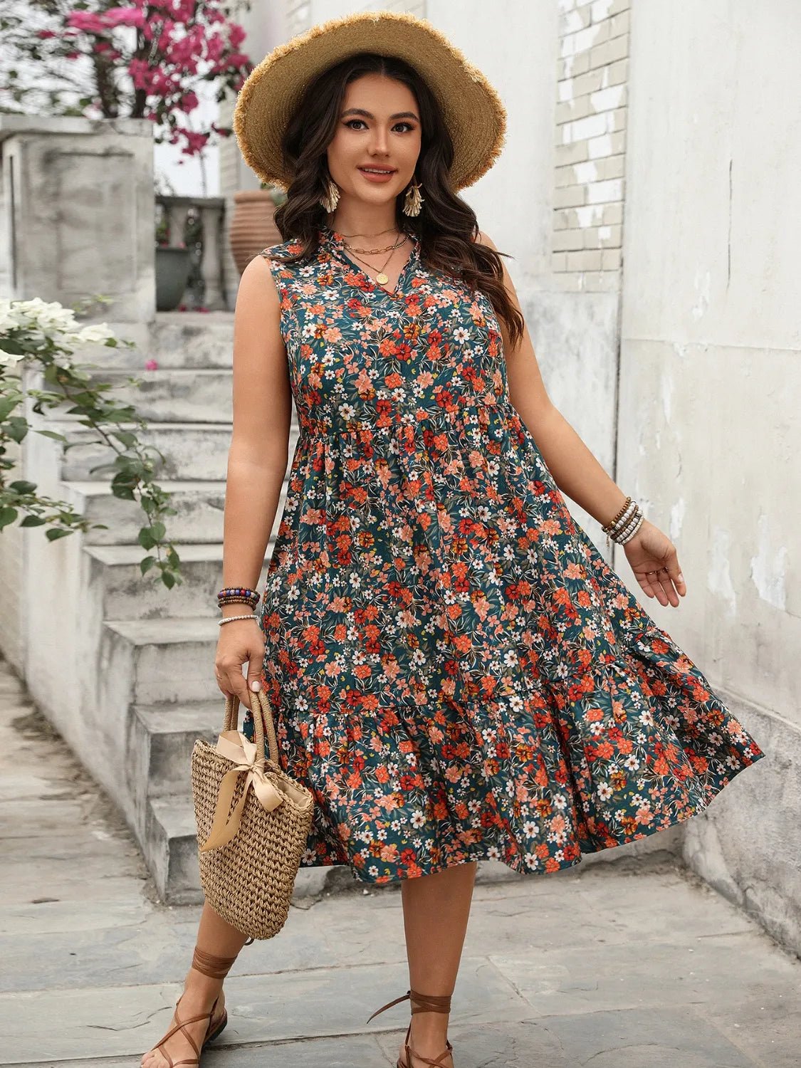 Plus Size Floral Notched Sleeveless Dress - adritiX
