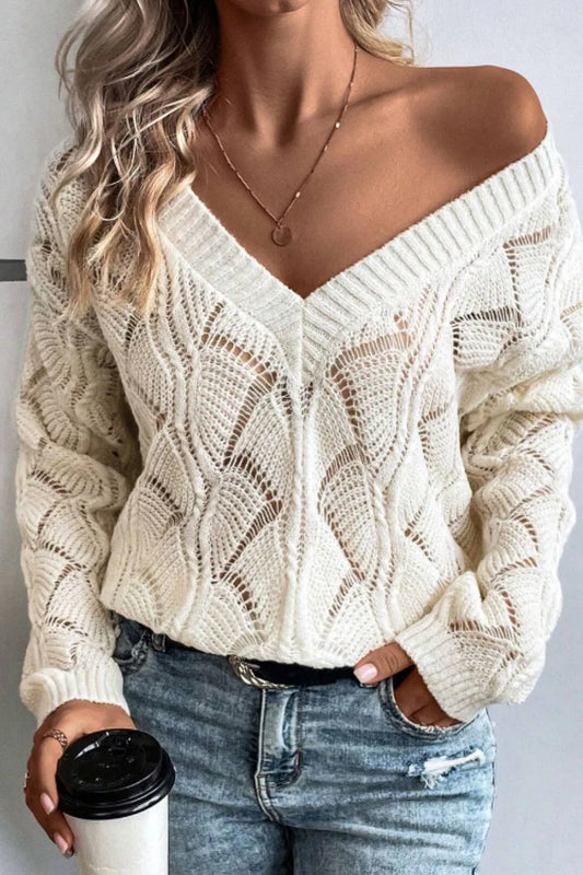 Openwork V-Neck Long Sleeve Sweater - adritiX