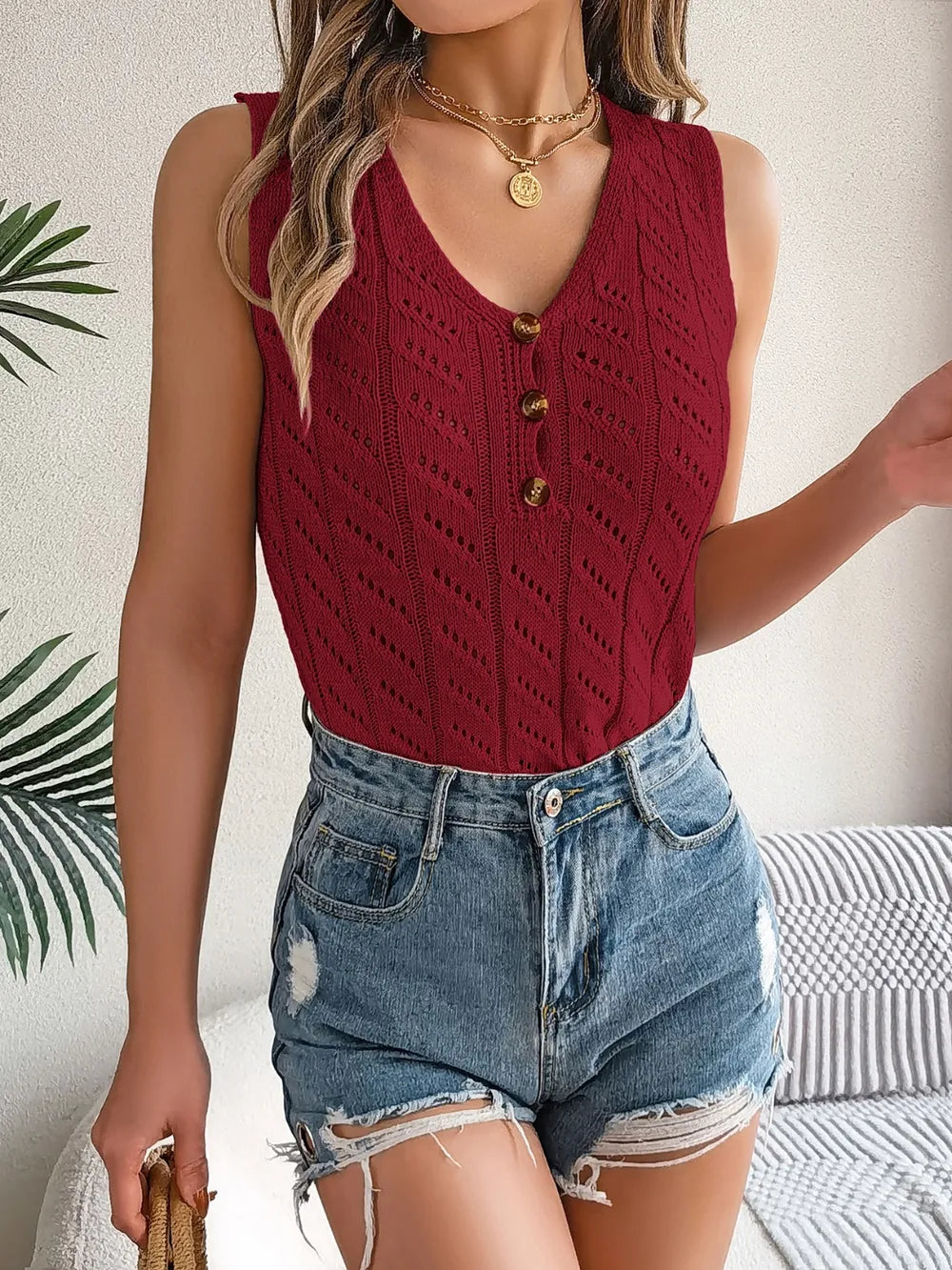 Openwork V-Neck Knit Vest - adritiX
