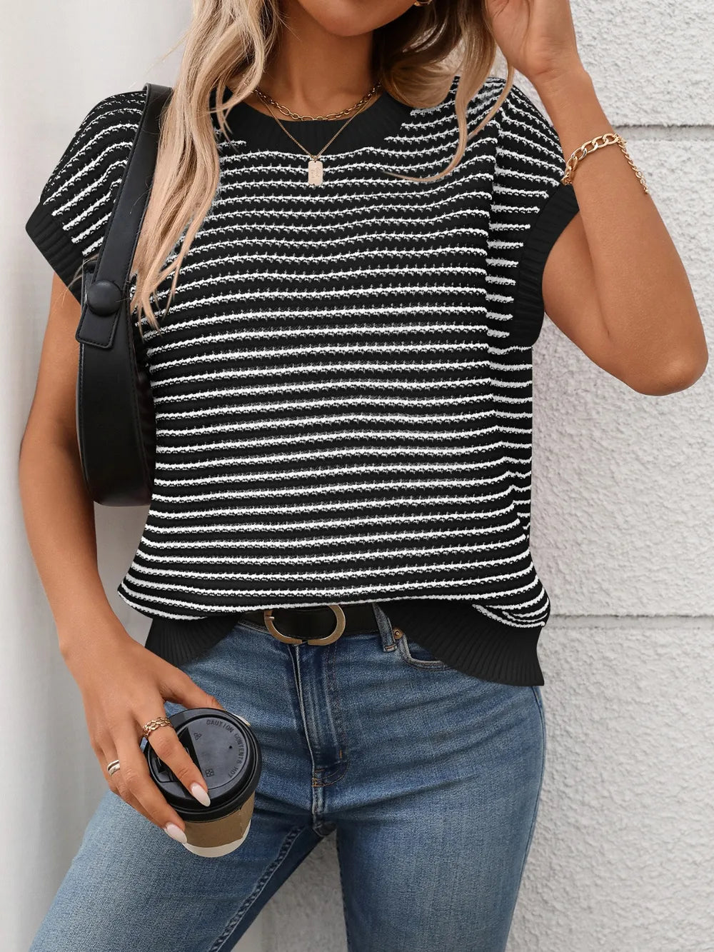 Striped Round Neck Short Sleeve Knit Top - adritiX