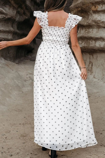Polka Dot Ruffle Sleeve Smocked Midi Dress - adritiX