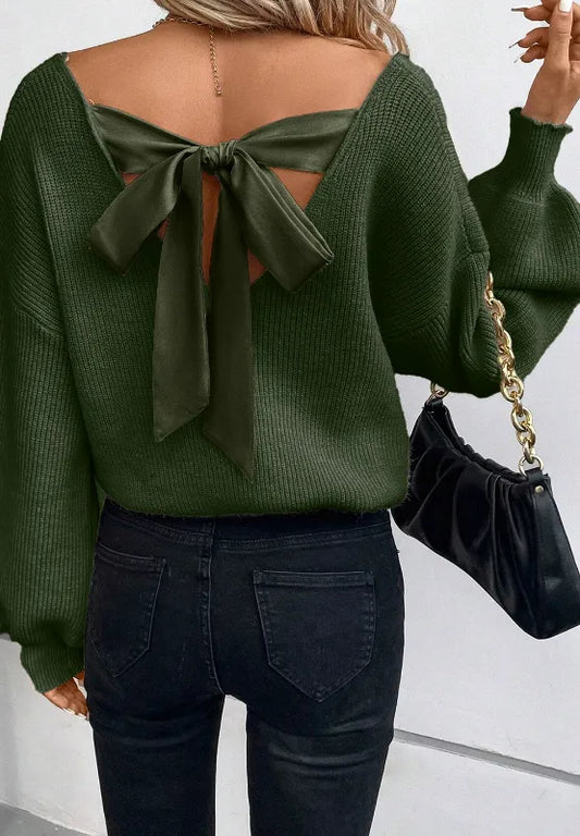 Tied Back V-Neck Long Sleeve Sweater - adritiX