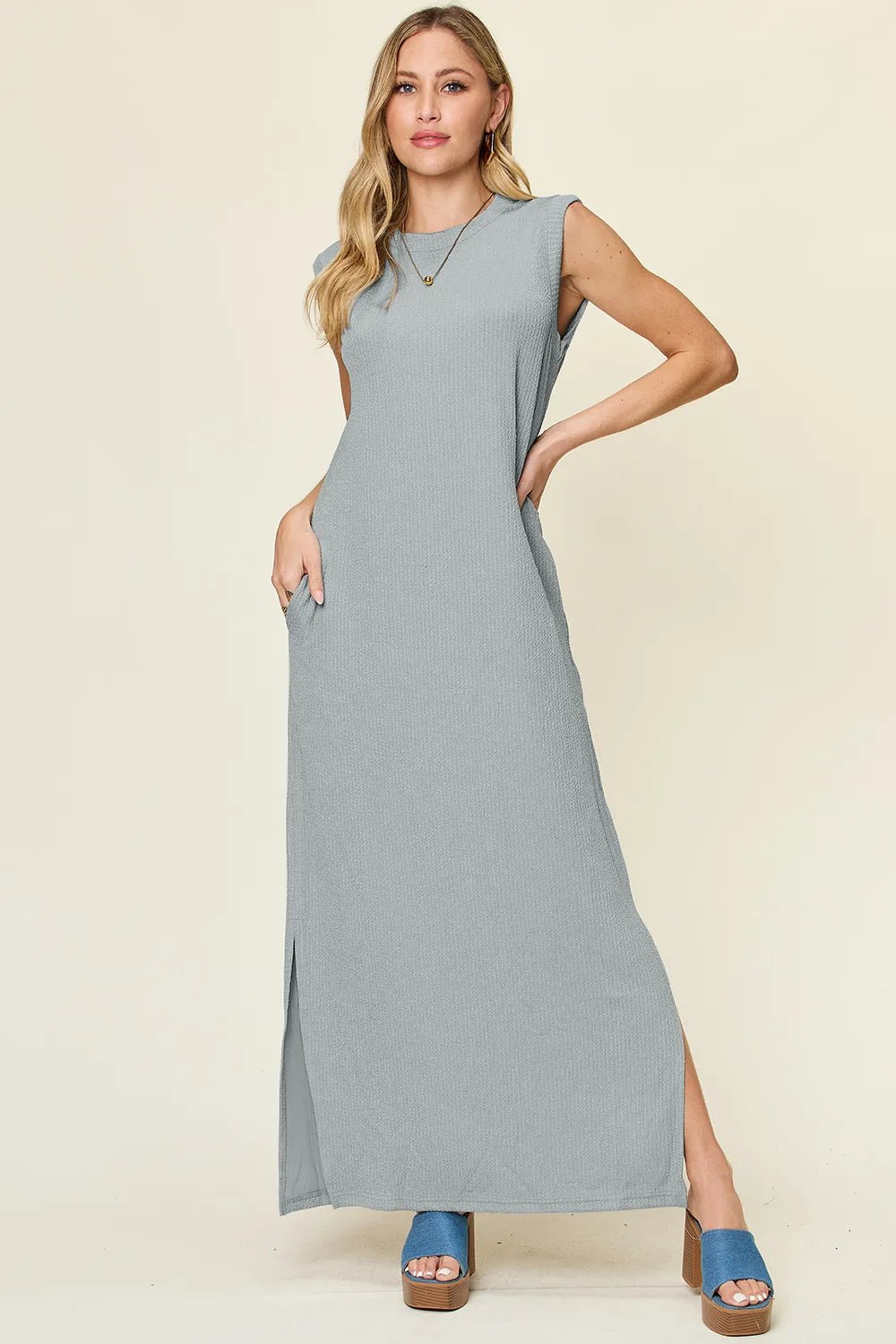 Double Take Full Size Texture Mock Neck Sleeveless Maxi Dress - adritiX