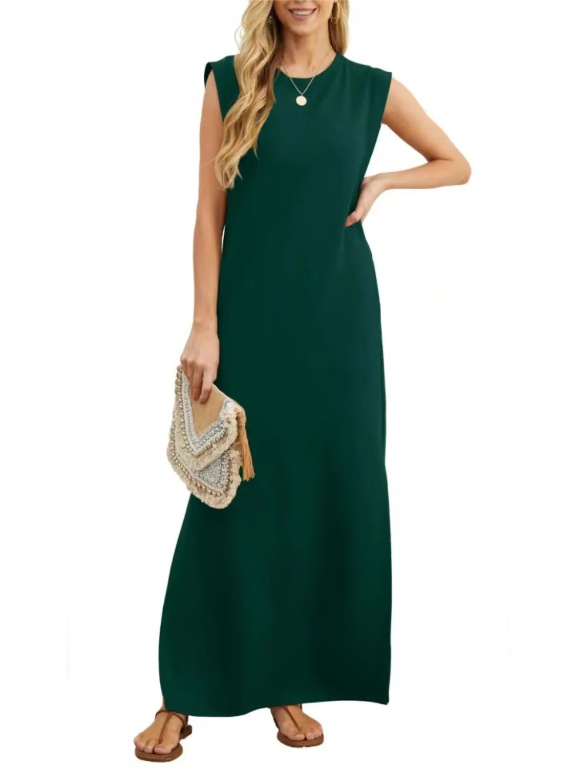 Full Size Slit Round Neck Sleeveless Maxi Tank Dress Plus Size - adritiX