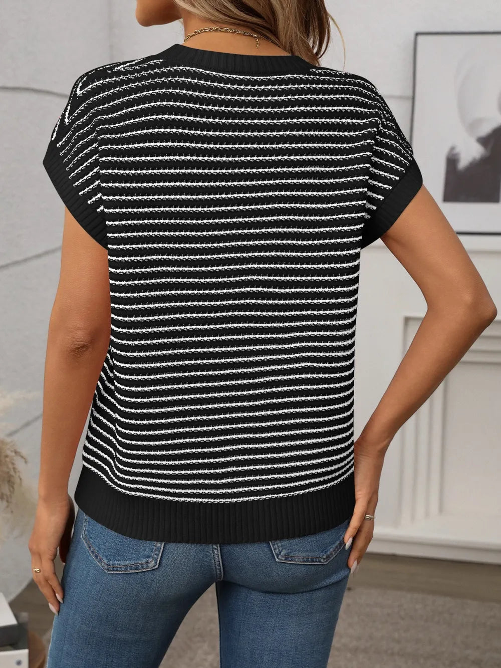 Striped Round Neck Short Sleeve Knit Top - adritiX