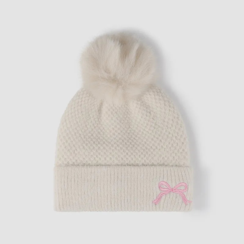 Thermal Bow Knit Hat with Pompom - adritiX