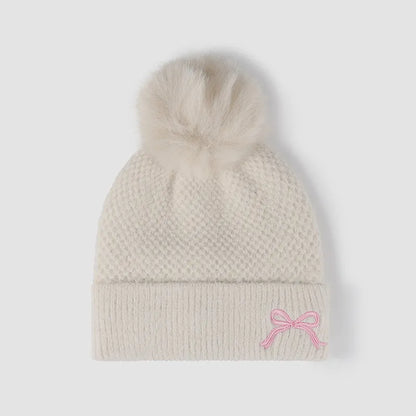 Thermal Bow Knit Hat with Pompom - adritiX