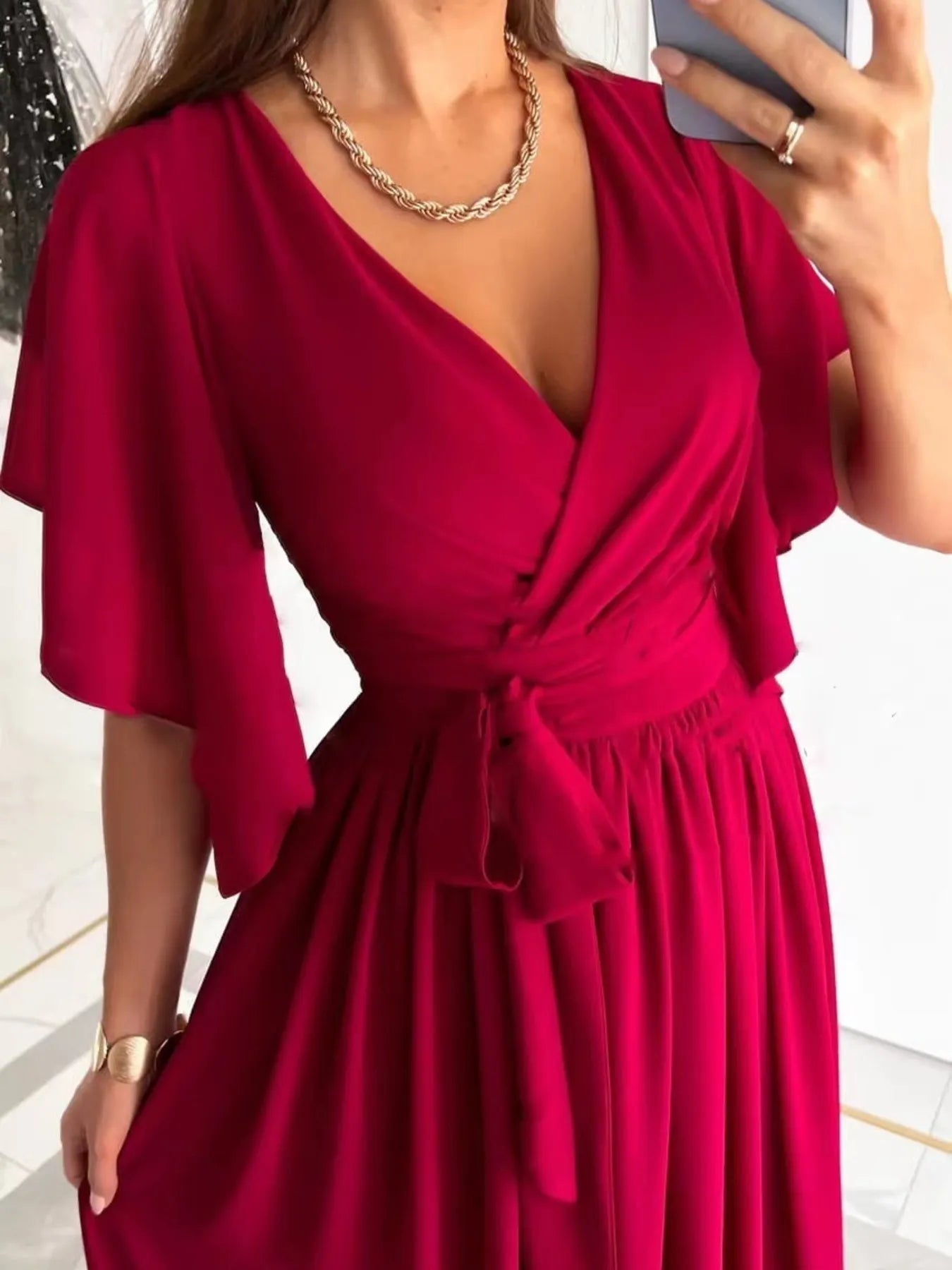 Flutter Sleeve Surplice Tie Waist Dress - adritiX