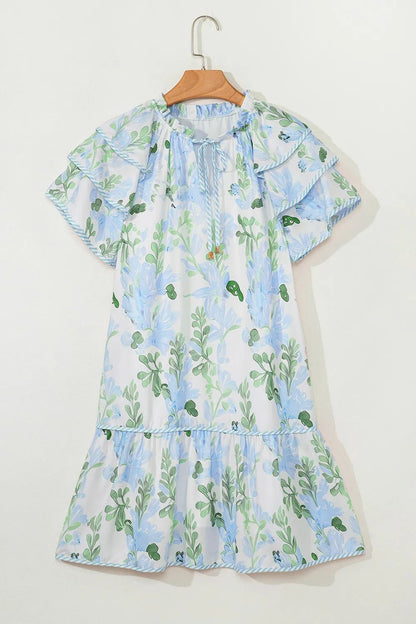 Floral Contrast Edge Layered Short Sleeve Mini Dress - adritiX