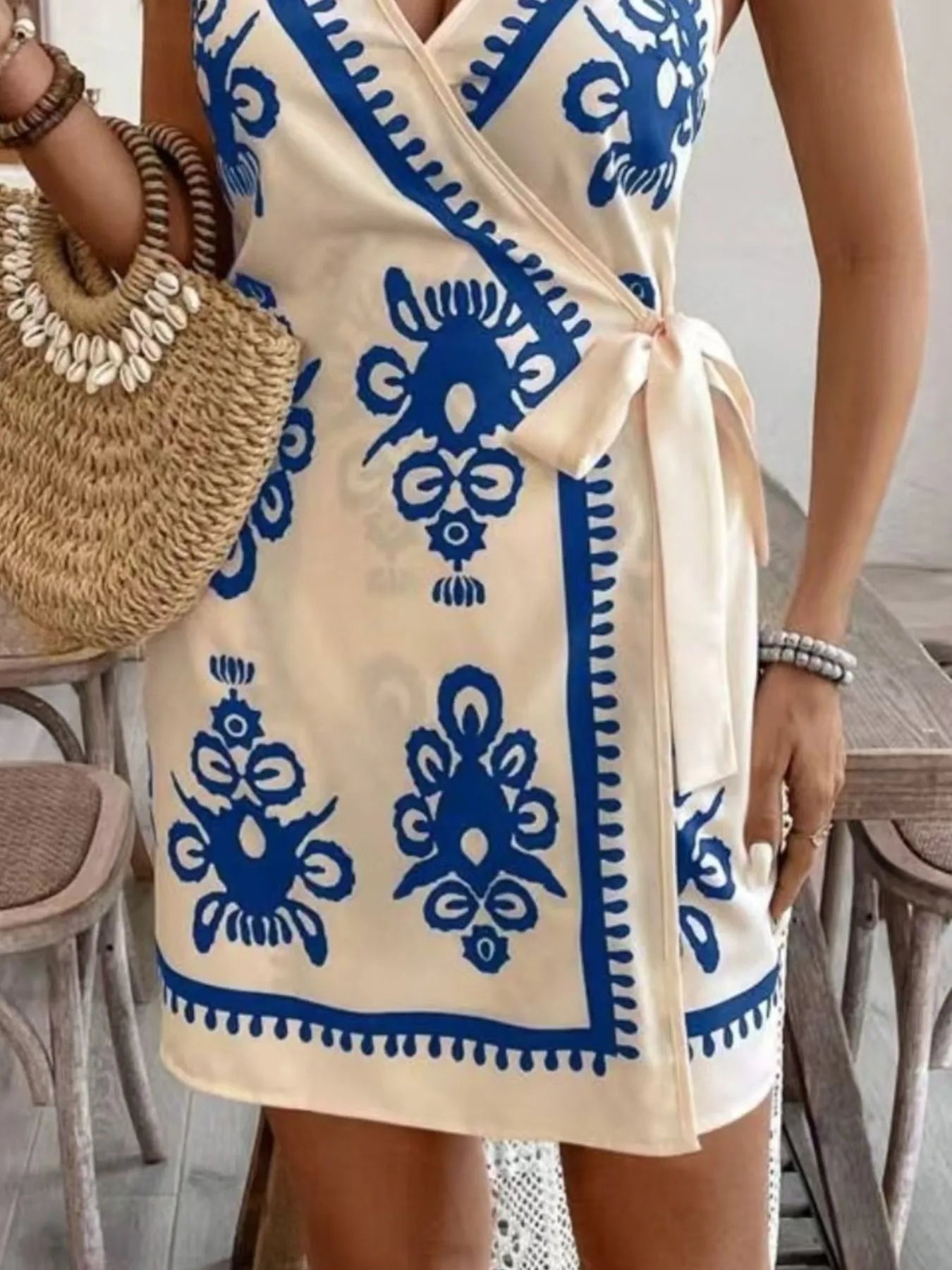 Elegant Floral Print Spaghetti Strap Wrap Mini Dress - adritiX