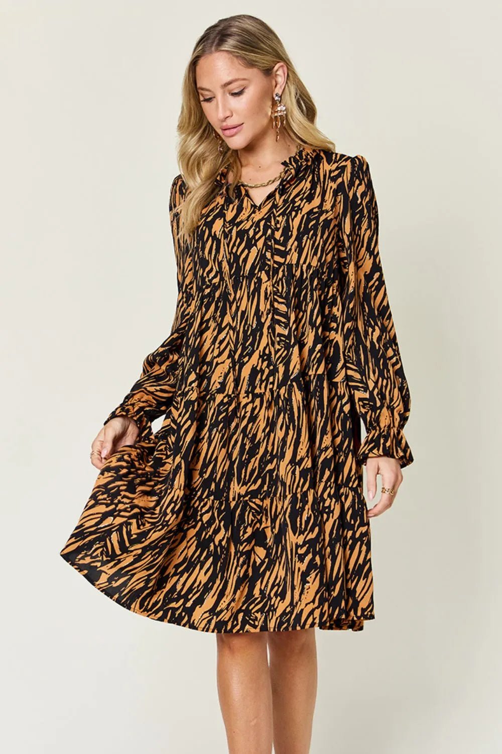 Double Take Full Size Printed Ruffle Hem Long Sleeve Dress - adritiX