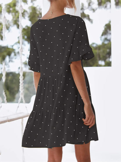 Polka Dot V-Neck Short Sleeve Mini Dress - adritiX