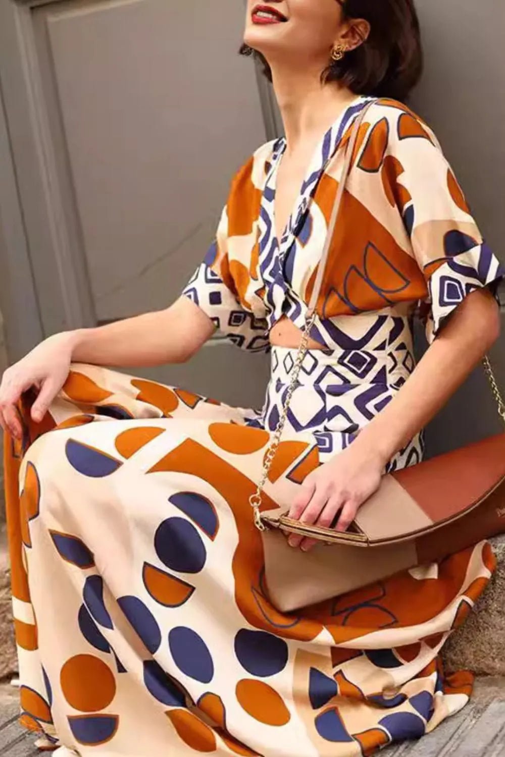 Geometric Print V-Neck Maxi Dress with Cutout Detail - adritiX