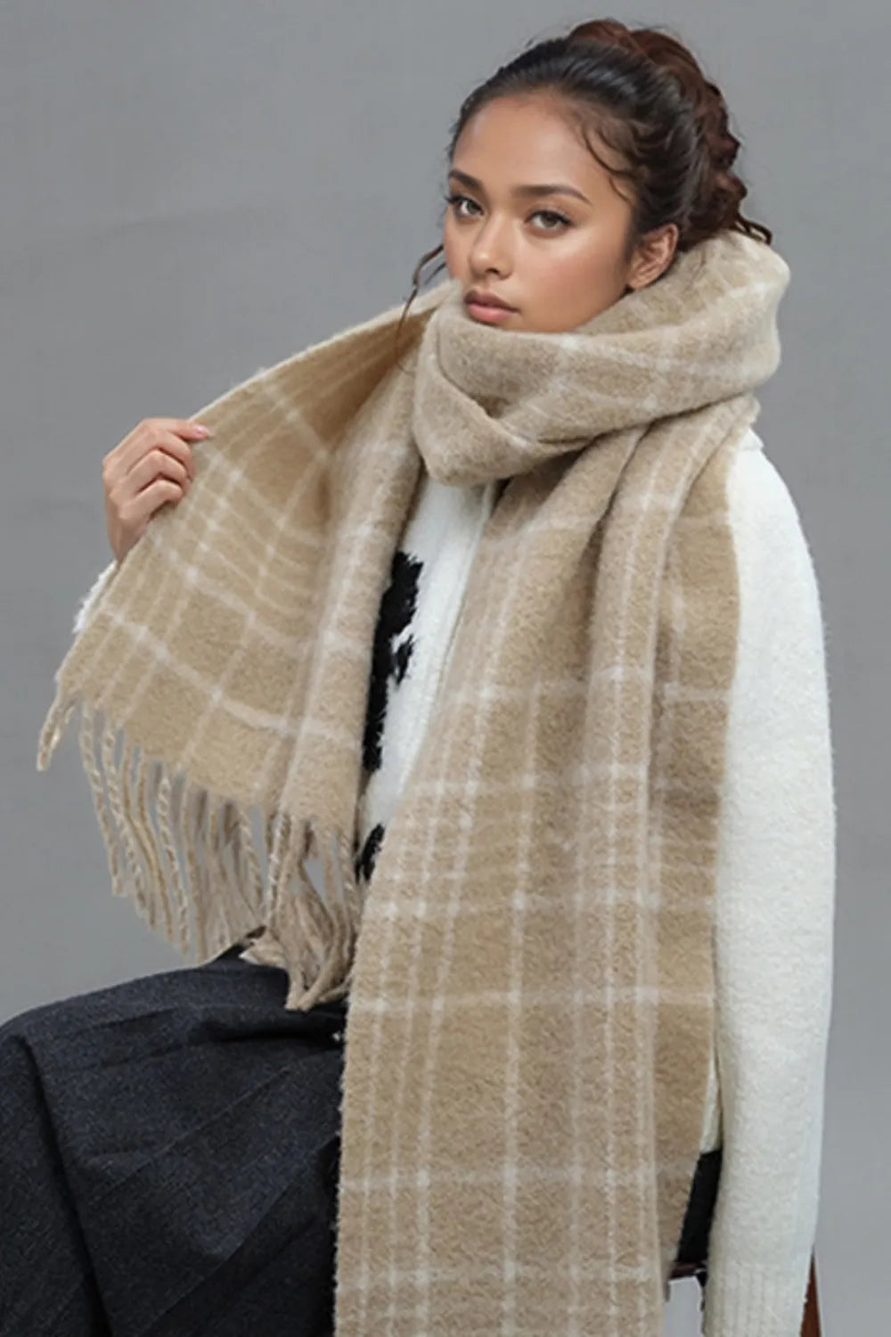 Fringe Plaid Thermal Scarf - adritiX