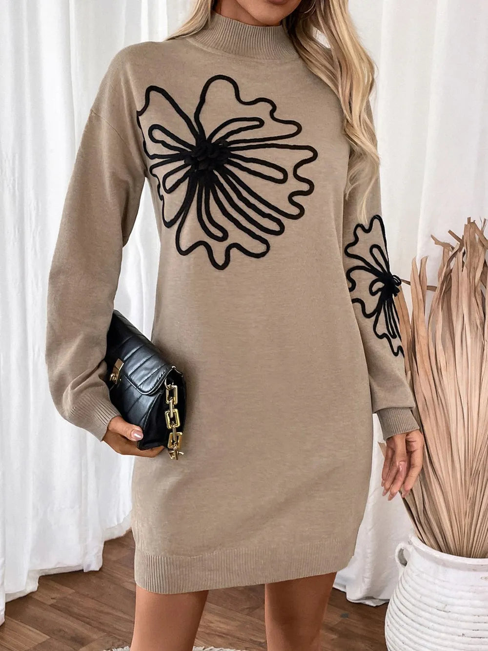 Perfee Flower Mock Neck Long Sleeve Sweater Dress - adritiX
