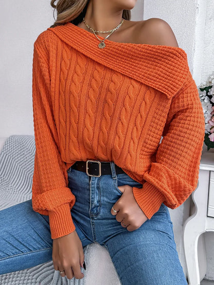 Cable-Knit One Shoulder Long Sleeve Sweater - adritiX