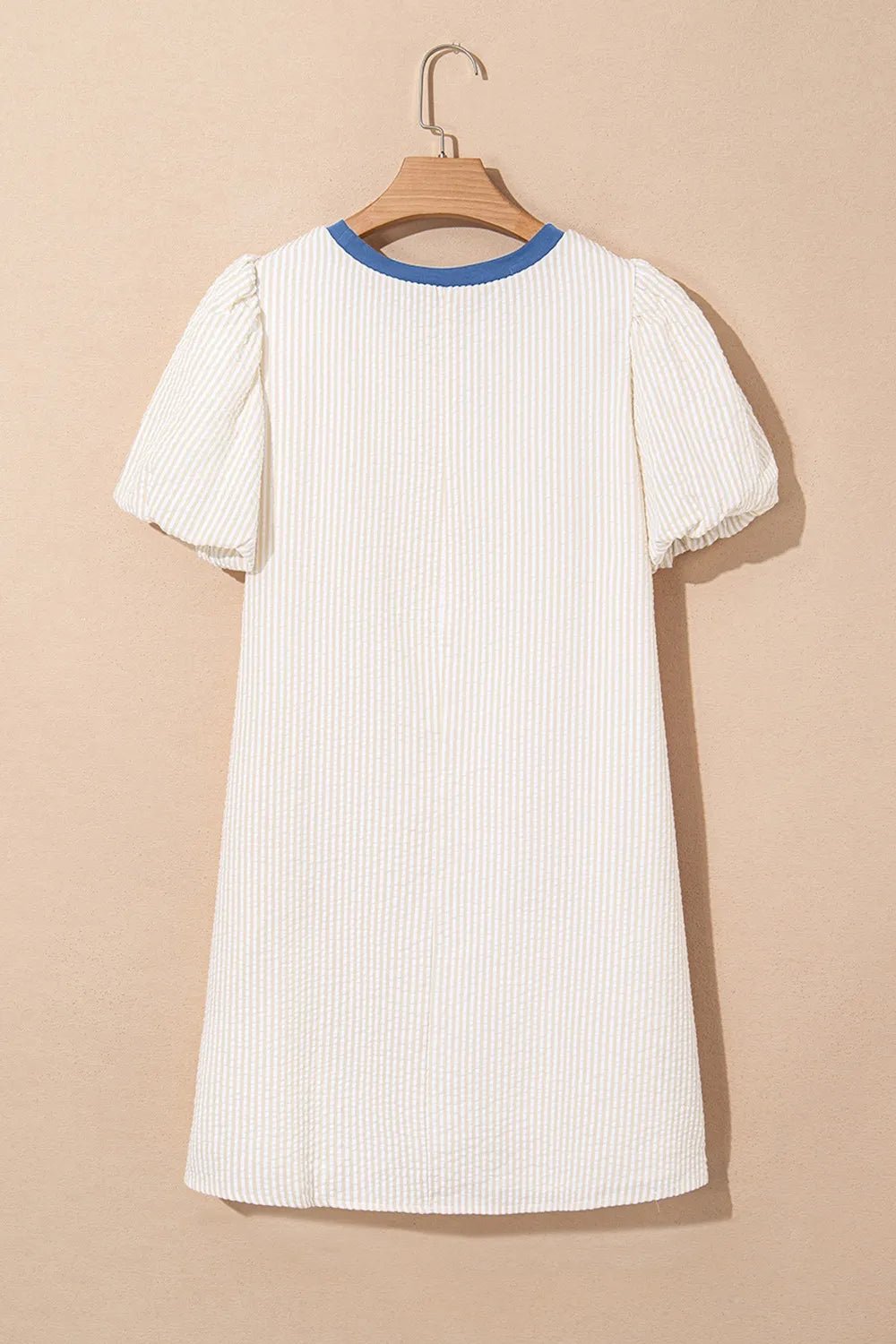 Stripe Seersucker Contrast Round Neck Puff Sleeve T Shirt Dress - adritiX