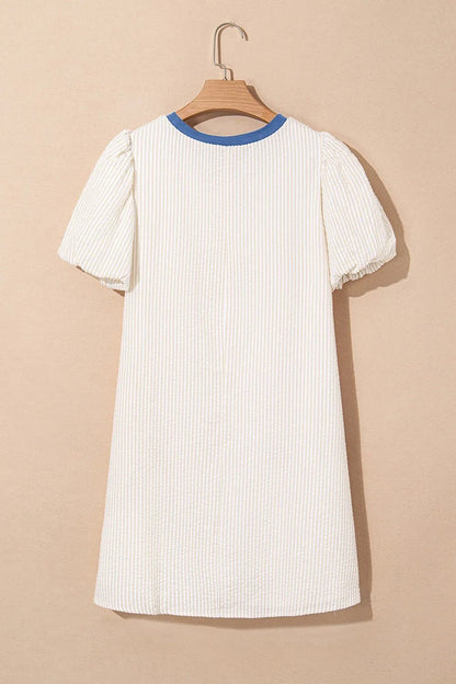 Stripe Seersucker Contrast Round Neck Puff Sleeve T Shirt Dress - adritiX