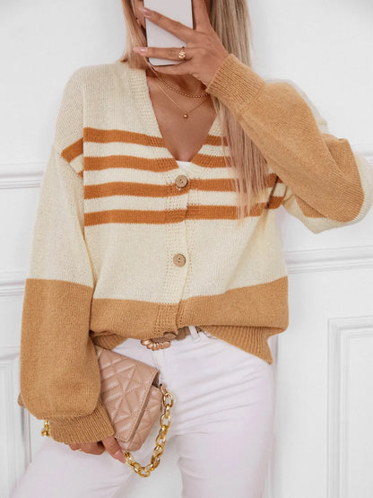 Color Block V-Neck Button Down Long Sleeve Cardigan - adritiX