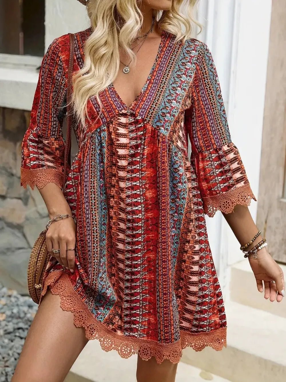 Elegant Lace Trim Printed V-Neck 3/4 Sleeve Dress - adritiX