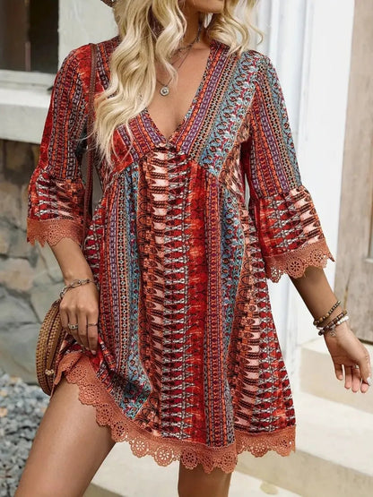 Elegant Lace Trim Printed V-Neck 3/4 Sleeve Dress - adritiX