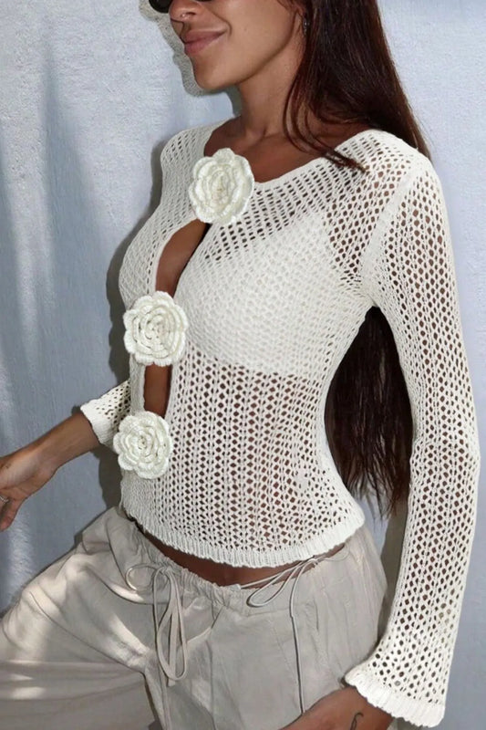 Floral Crochet Cutout Knit Cover Up with Rose Appliques - adritiX