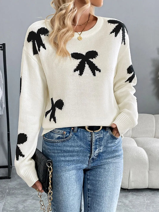 Perfee Bow Graphic Round Neck Long Sleeve Sweater - adritiX
