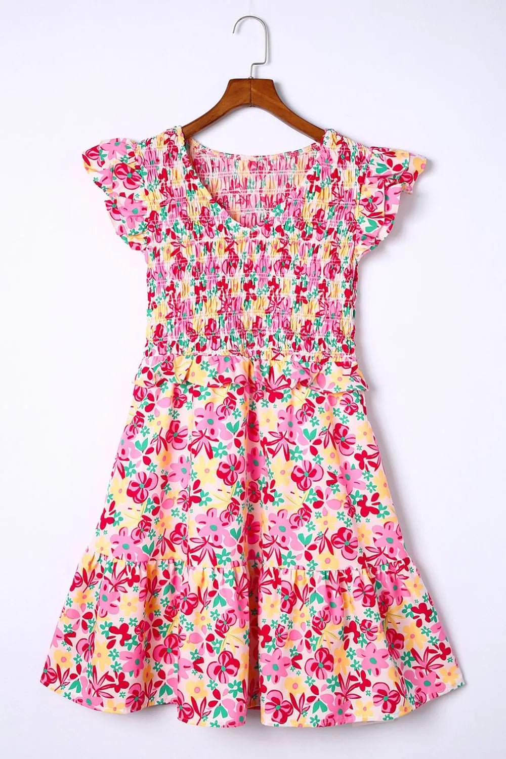 Smocked Floral V-Neck Ruffled Cap Sleeve Dress - adritiX