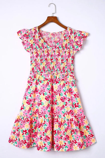 Smocked Floral V-Neck Ruffled Cap Sleeve Dress - adritiX