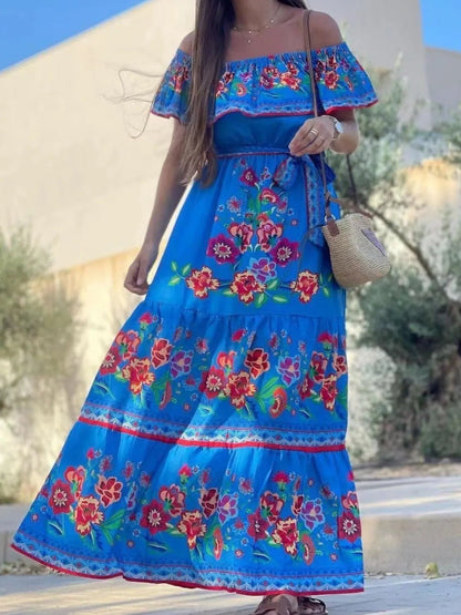 Floral Off Shoulder Ruffle Maxi Dress - adritiX