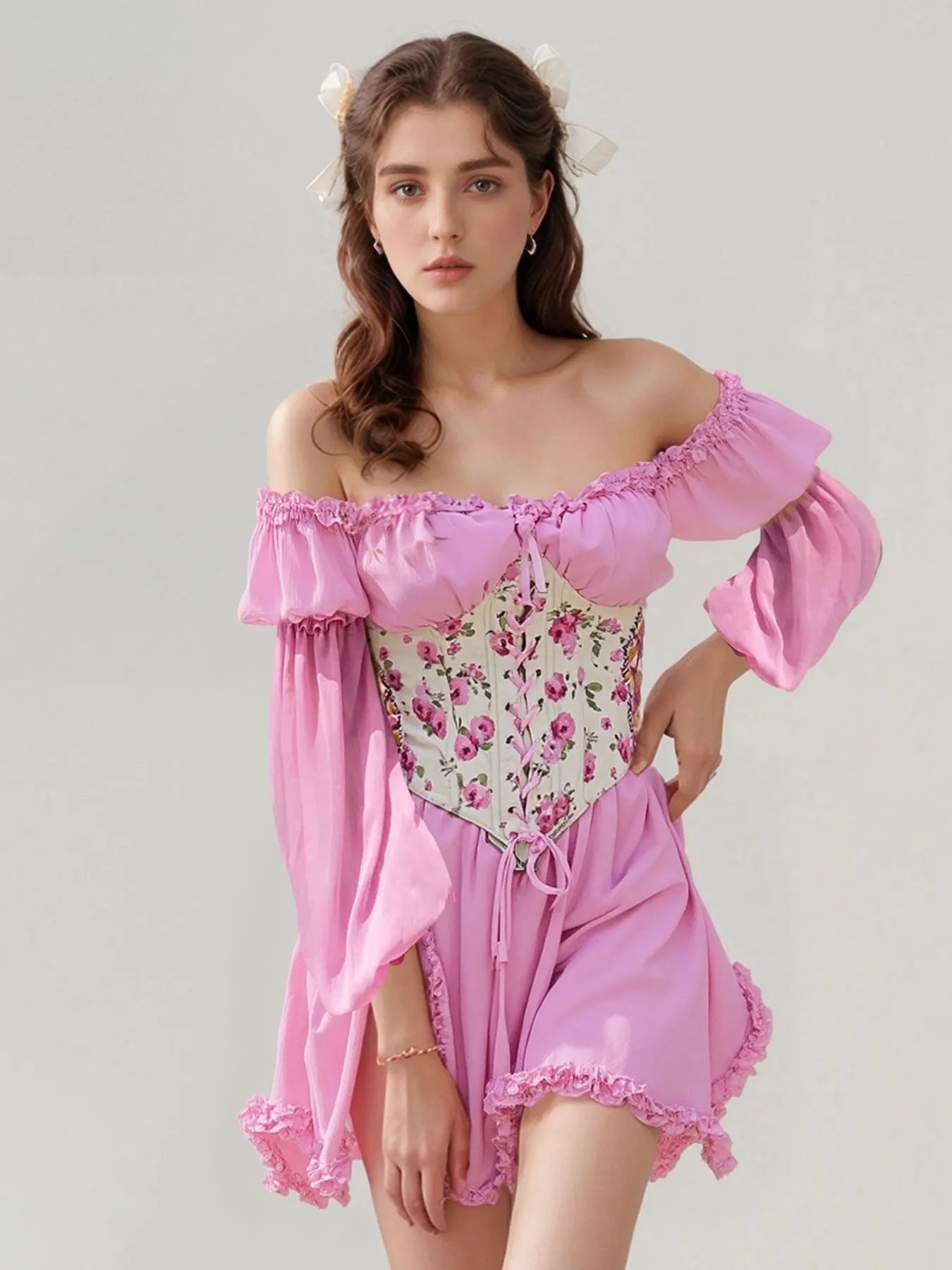 Floral Lace Up Long Sleeve Mini Dress - adritiX