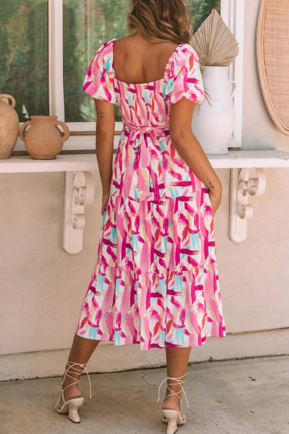 Geometric Print Puff Sleeve Square Neck Midi Dress - adritiX