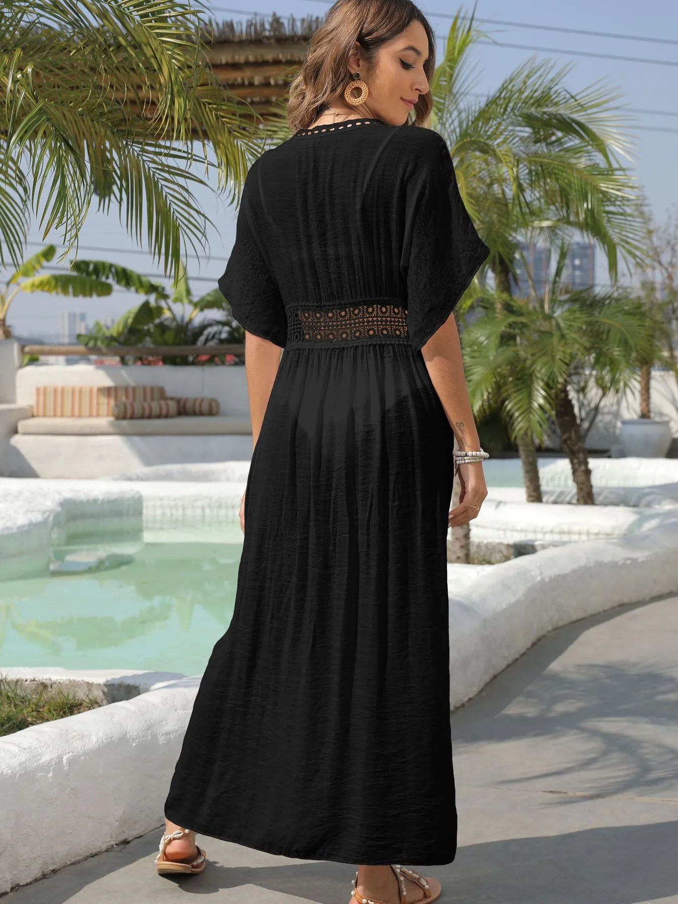 Lace Trim Plunging Beach Cover Up Maxi Dress - adritiX
