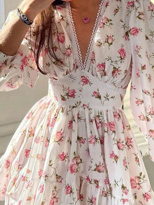 Lace Detail V-Neck Balloon Sleeve Dress - adritiX