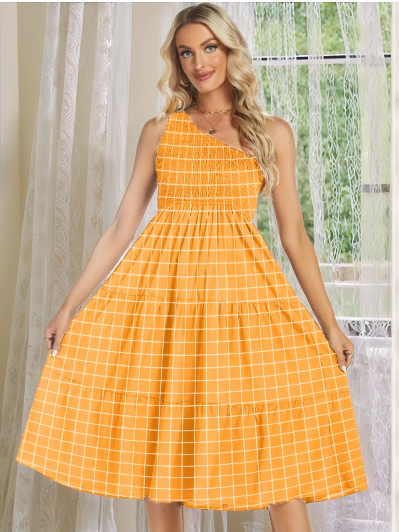 One-Shoulder Tiered Midi Dress with Smocked Bodice - adritiX