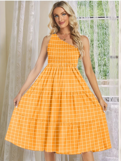 One-Shoulder Tiered Midi Dress with Smocked Bodice - adritiX
