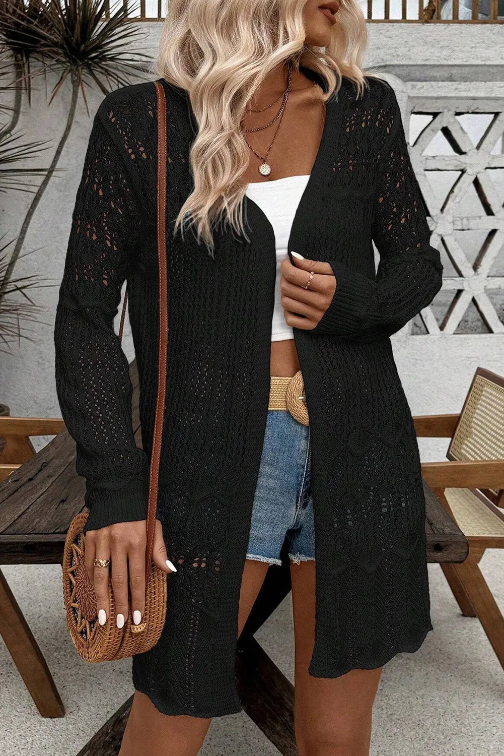 Openwork Open Front Long Sleeve Cardigan - adritiX
