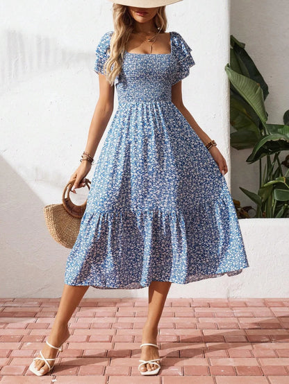 Floral Smocked Square Neck Midi Dress - adritiX