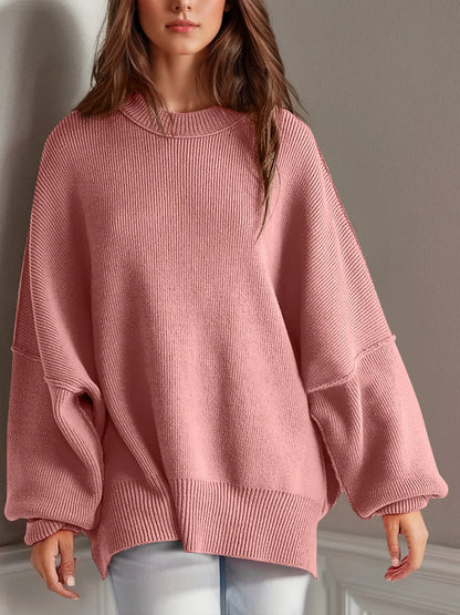 Double Take Side Slit Round Neck Long Sleeve Sweater - adritiX
