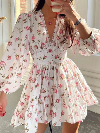 Lace Detail V-Neck Balloon Sleeve Dress - adritiX