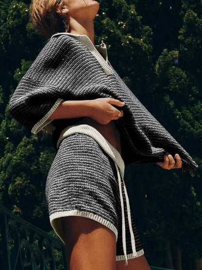 Collared Neck Contrast Striped Top and Shorts Sweater Set - adritiX