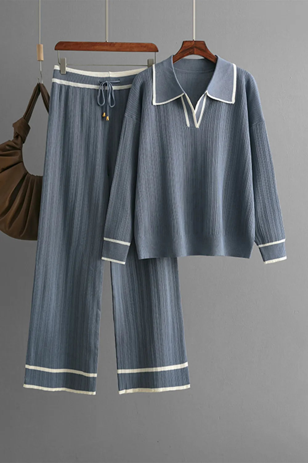 Contrast Trim Johnny Collar Top and Drawstring Pants Sweater Set - adritiX