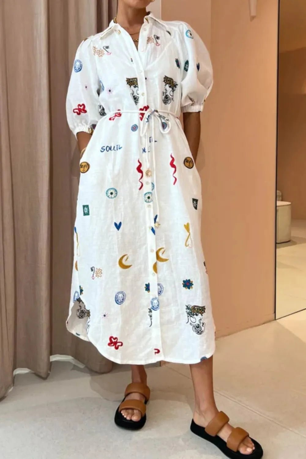 Printed Button-Up Midi Shirt Dress - adritiX