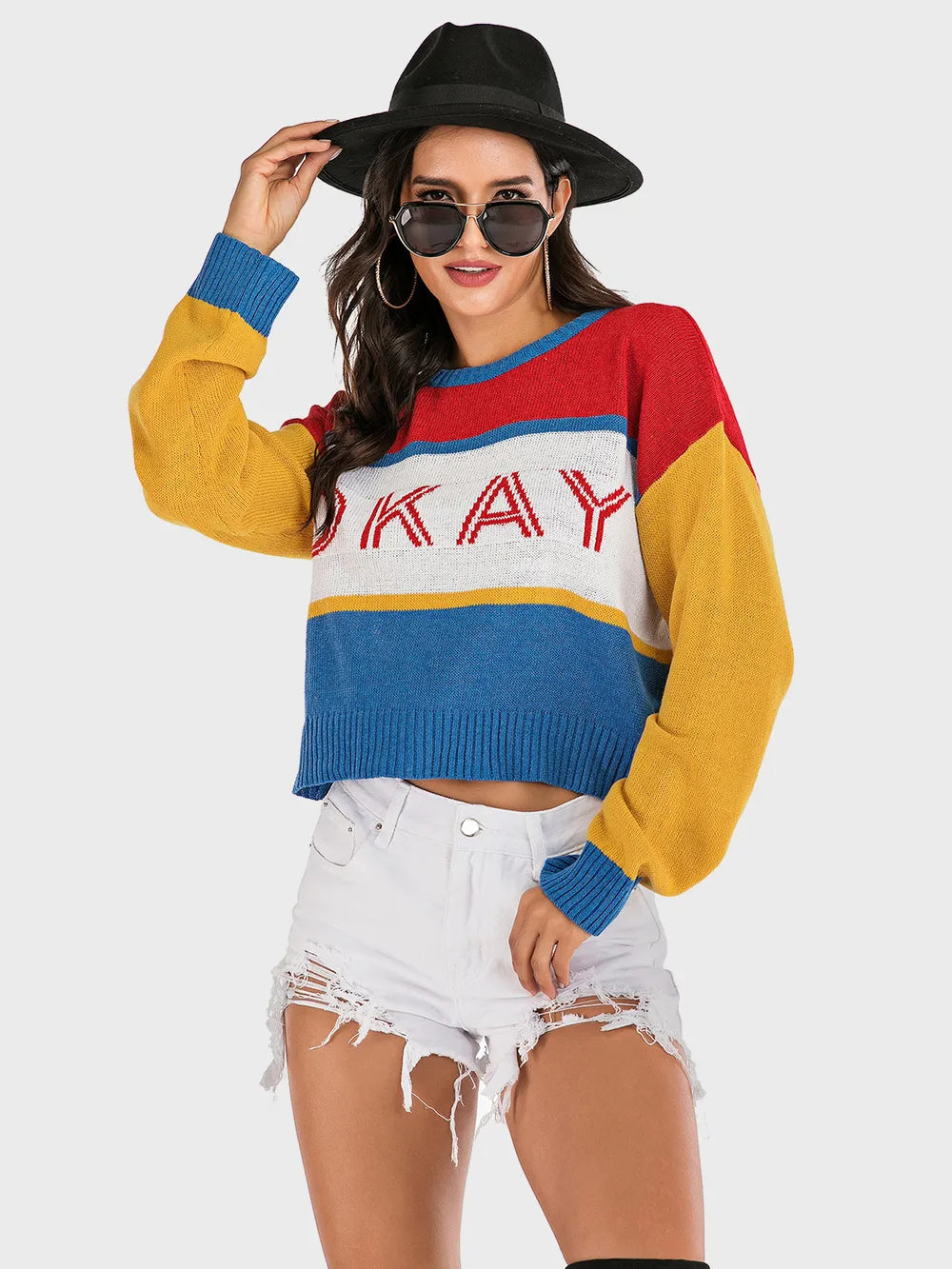 Perfee OKAY Contrast Dropped Shoulder Long Sleeve Sweater - adritiX