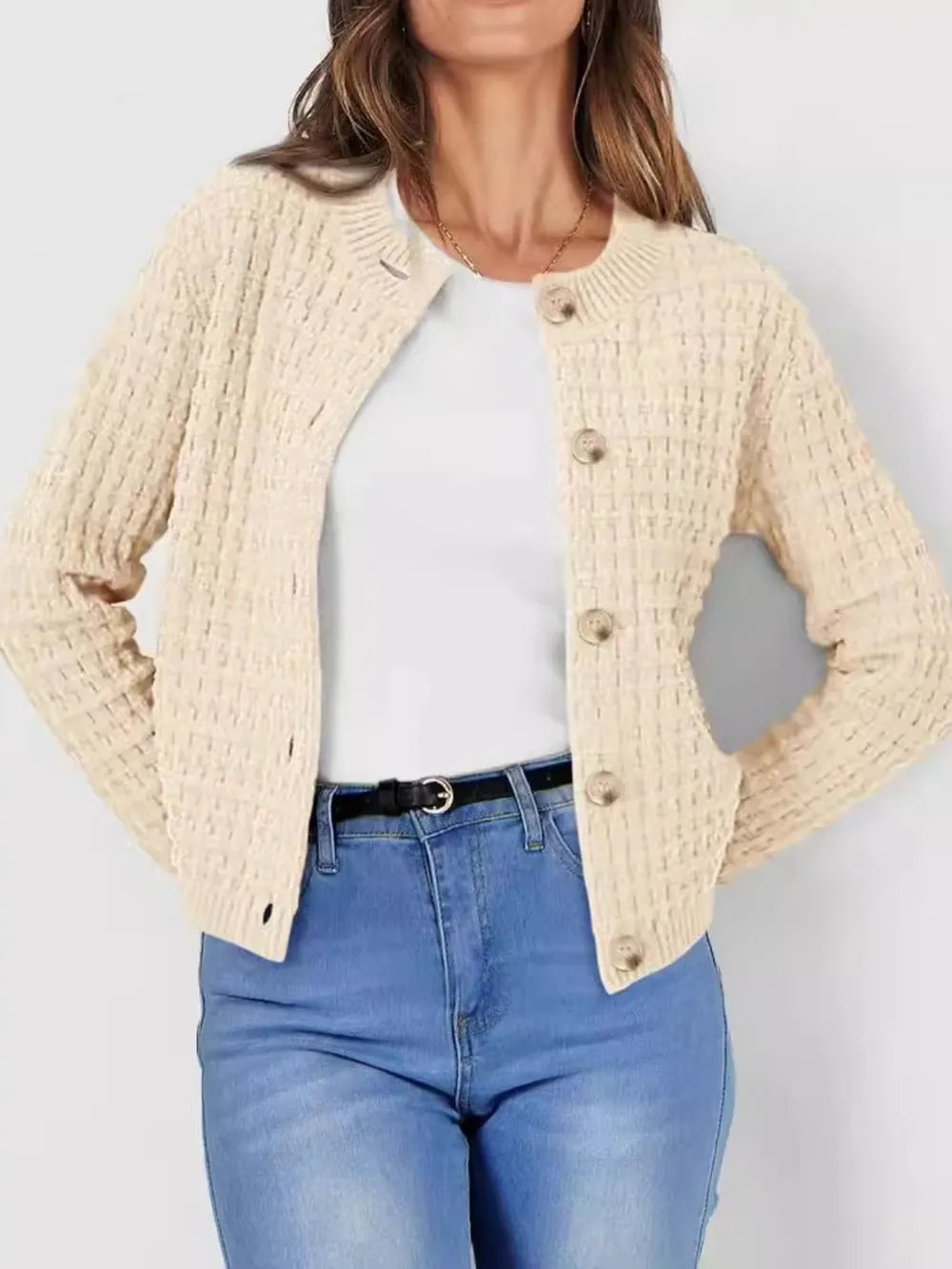 Button Up Round Neck Long Sleeve Cardigan - adritiX