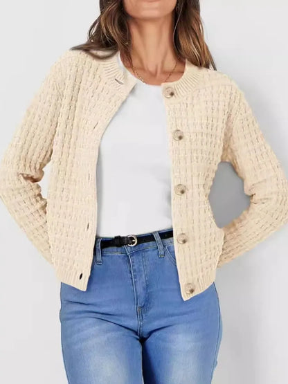 Button Up Round Neck Long Sleeve Cardigan - adritiX