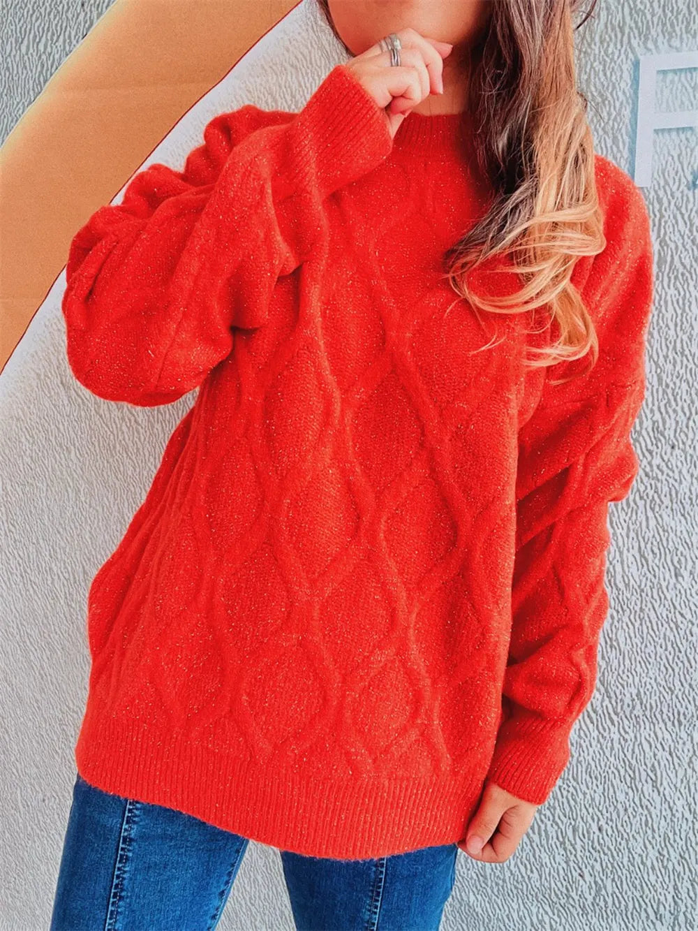 Diamond Round Neck Long Sleeve Sweater - adritiX