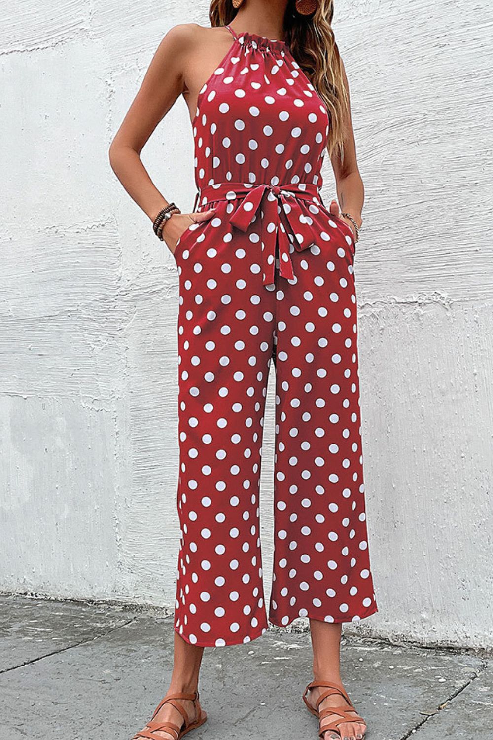 Elegant Perfee Polka Dot Grecian Wide Leg Jumpsuit - adritiX